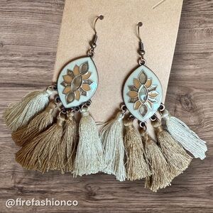 Boho Tassel Drop Earrings in Cream and Gold by